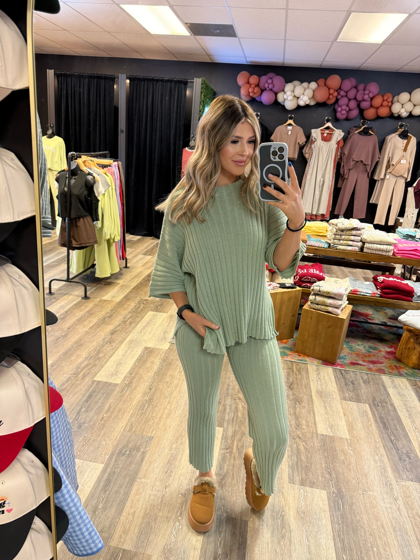 Olive Short Sleeve Knit Sweater and Pants Set