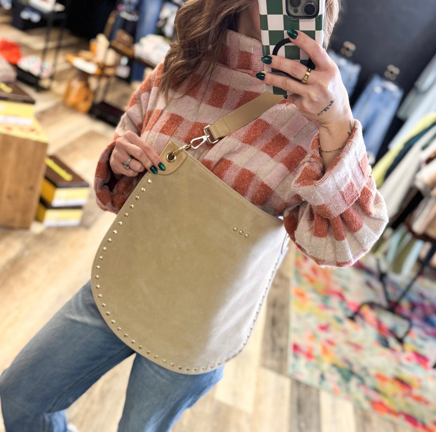 Oat Rivet Suede Hobo Bag