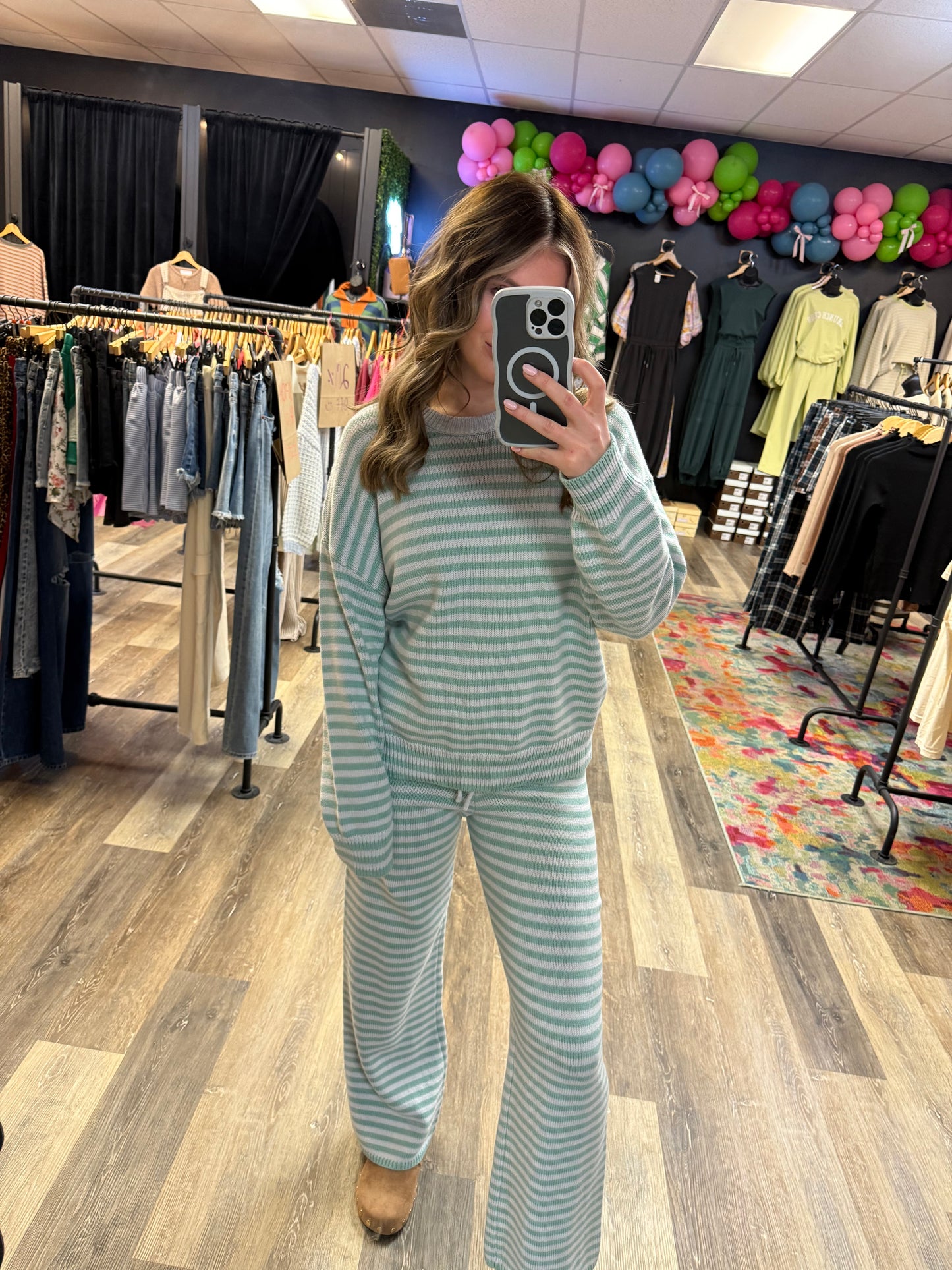 Jennifer Crew Neck Stripe Sweater & Wide Leg Sweater Pants Set
