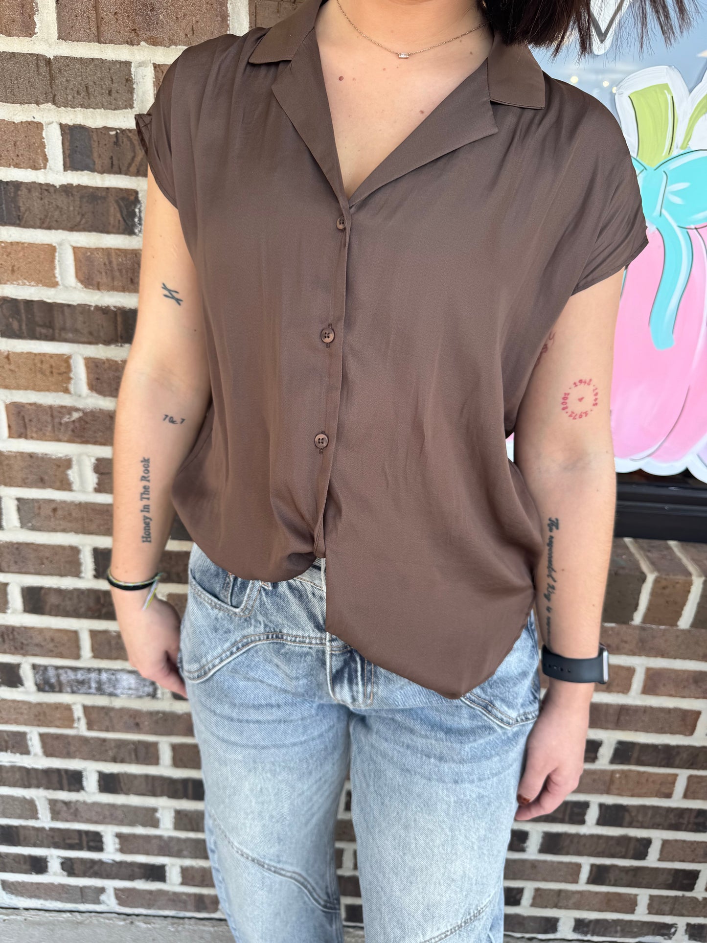 Bell Button Down Cap Sleeve Satin Top