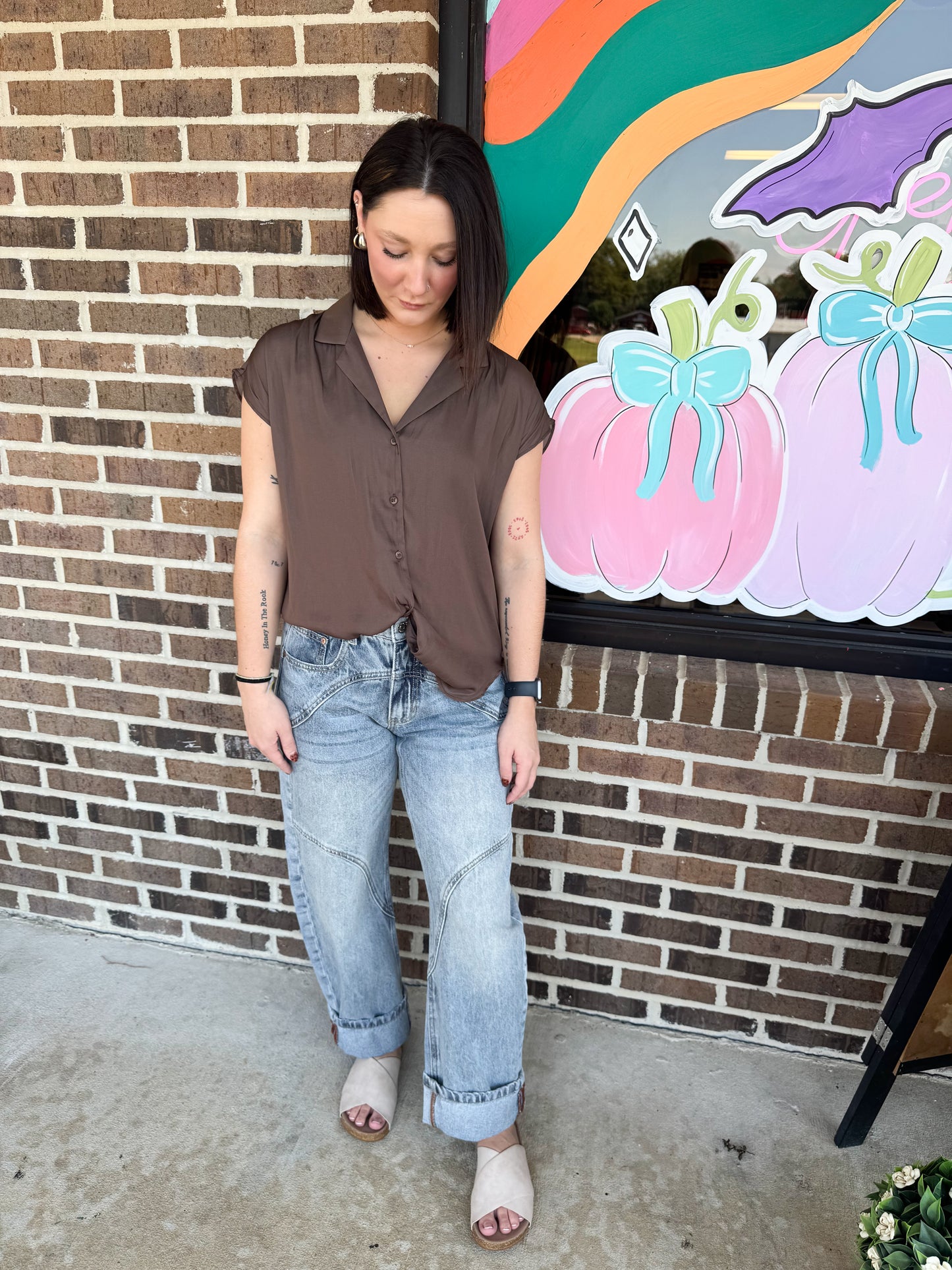 Bell Button Down Cap Sleeve Satin Top