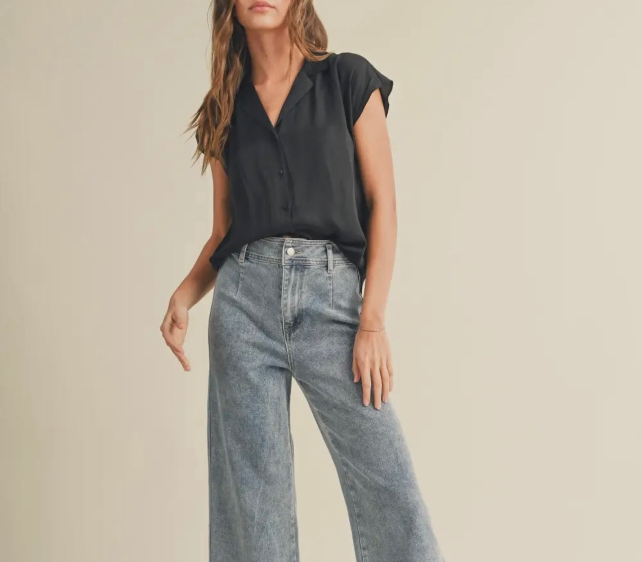 Blane Button Down Cap Sleeve Satin Top