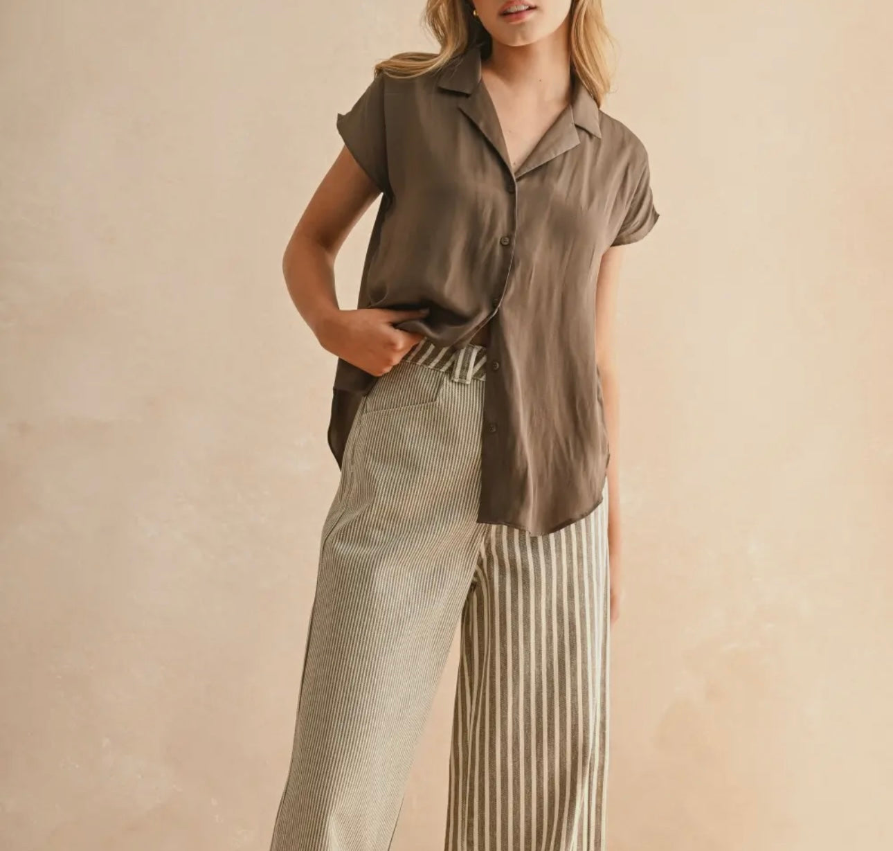Bell Button Down Cap Sleeve Satin Top