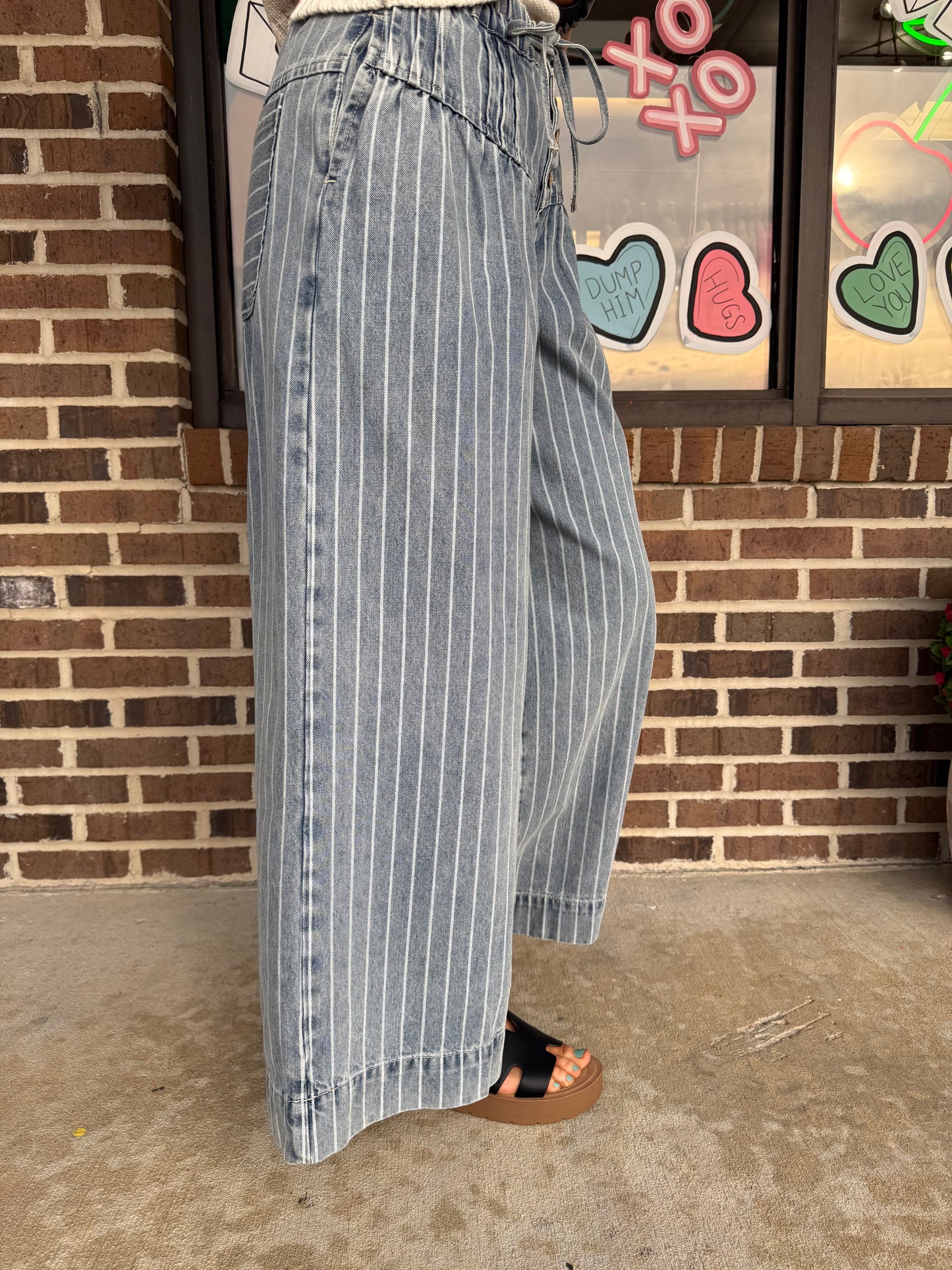 Zoey Striped Denim Pin Tuck Wide Leg Pants