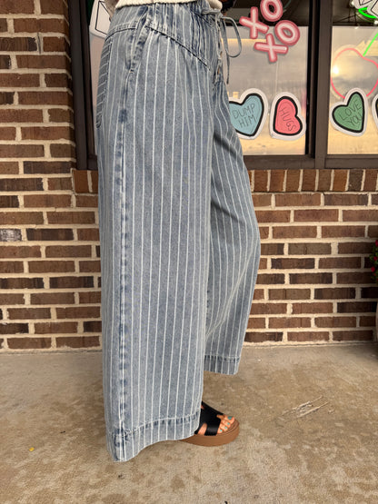 Zoey Striped Denim Pin Tuck Wide Leg Pants
