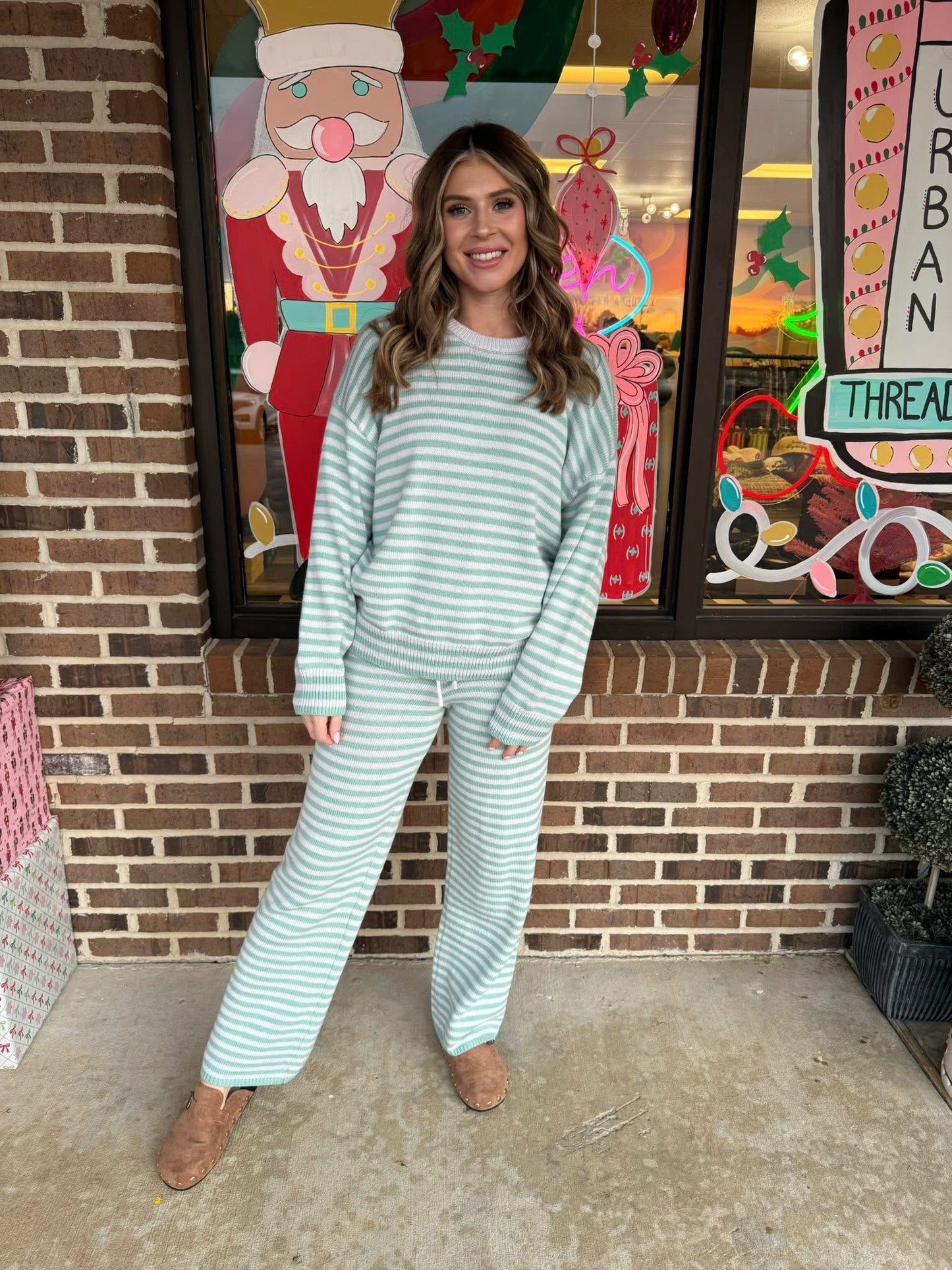Jennifer Crew Neck Stripe Sweater & Wide Leg Sweater Pants Set