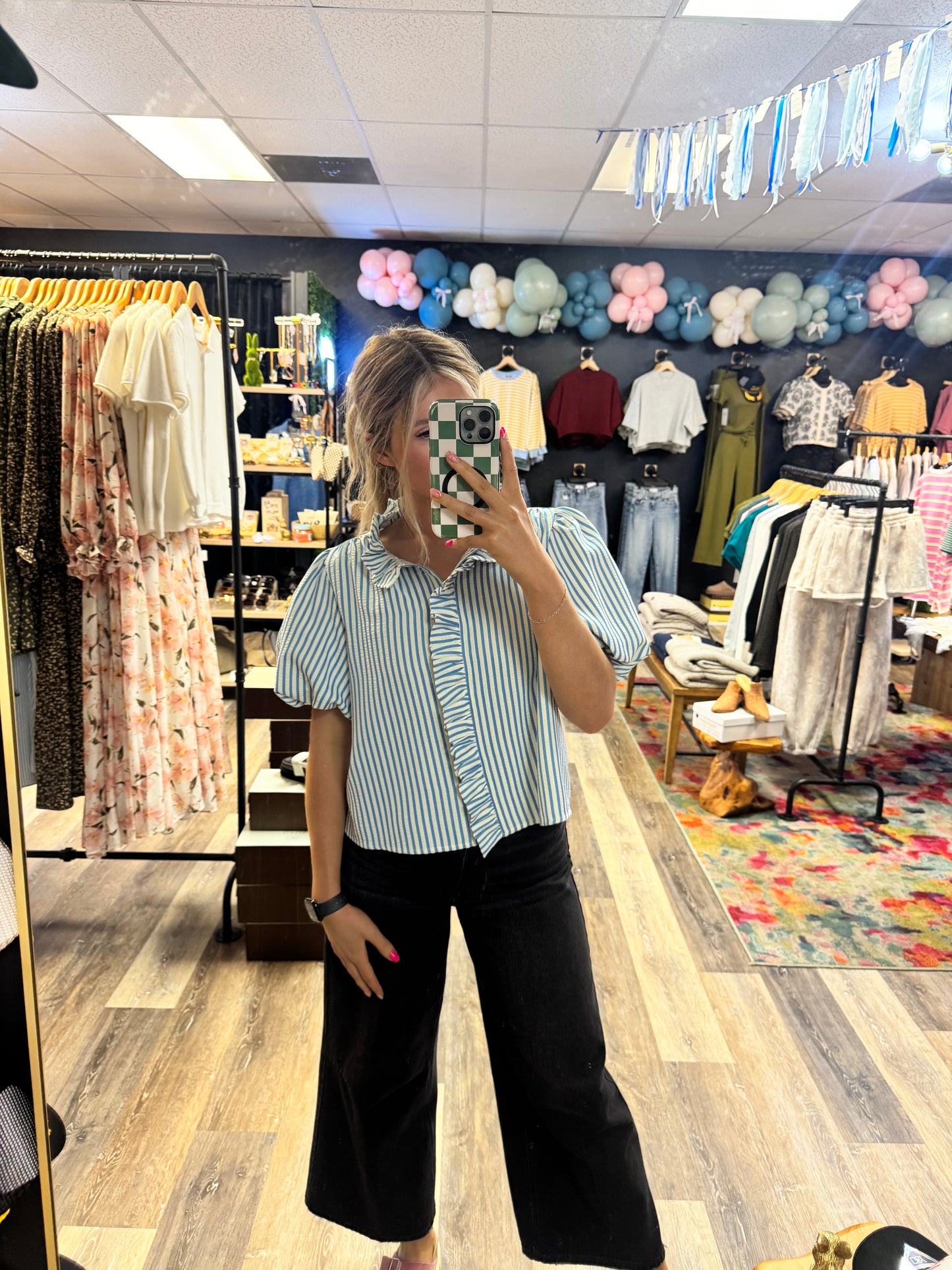 Sweetheart Striped Ruffle Button Down