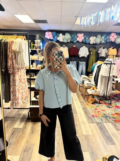 Sweetheart Striped Ruffle Button Down