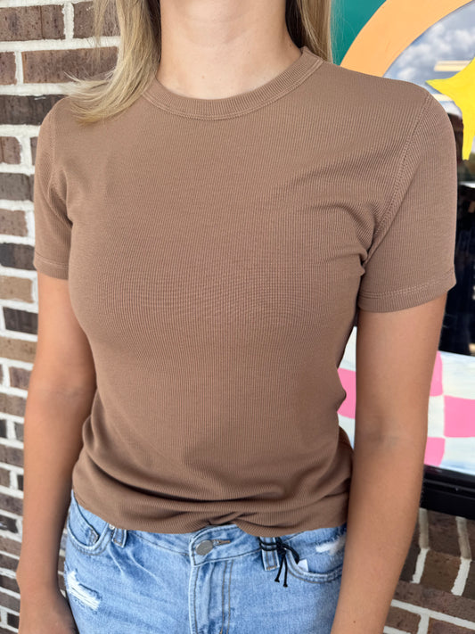 Pecan Ribbed Basic Tee