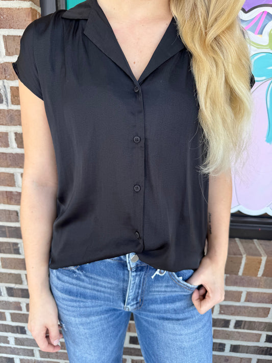 Blane Button Down Cap Sleeve Satin Top