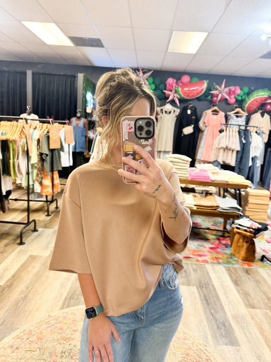 Taupe Double Knit Drop Shoulder Everyday Basic Top