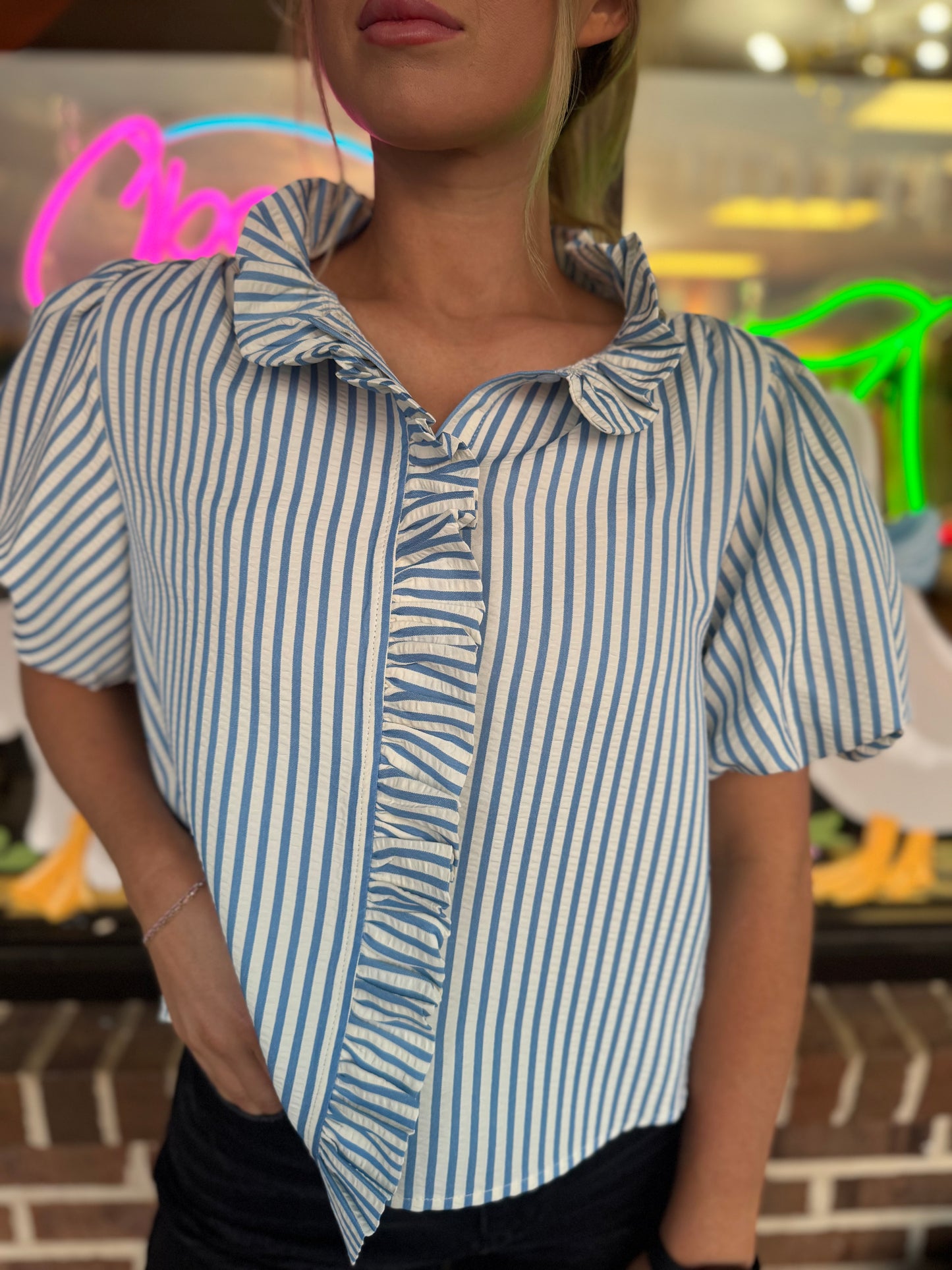 Sweetheart Striped Ruffle Button Down