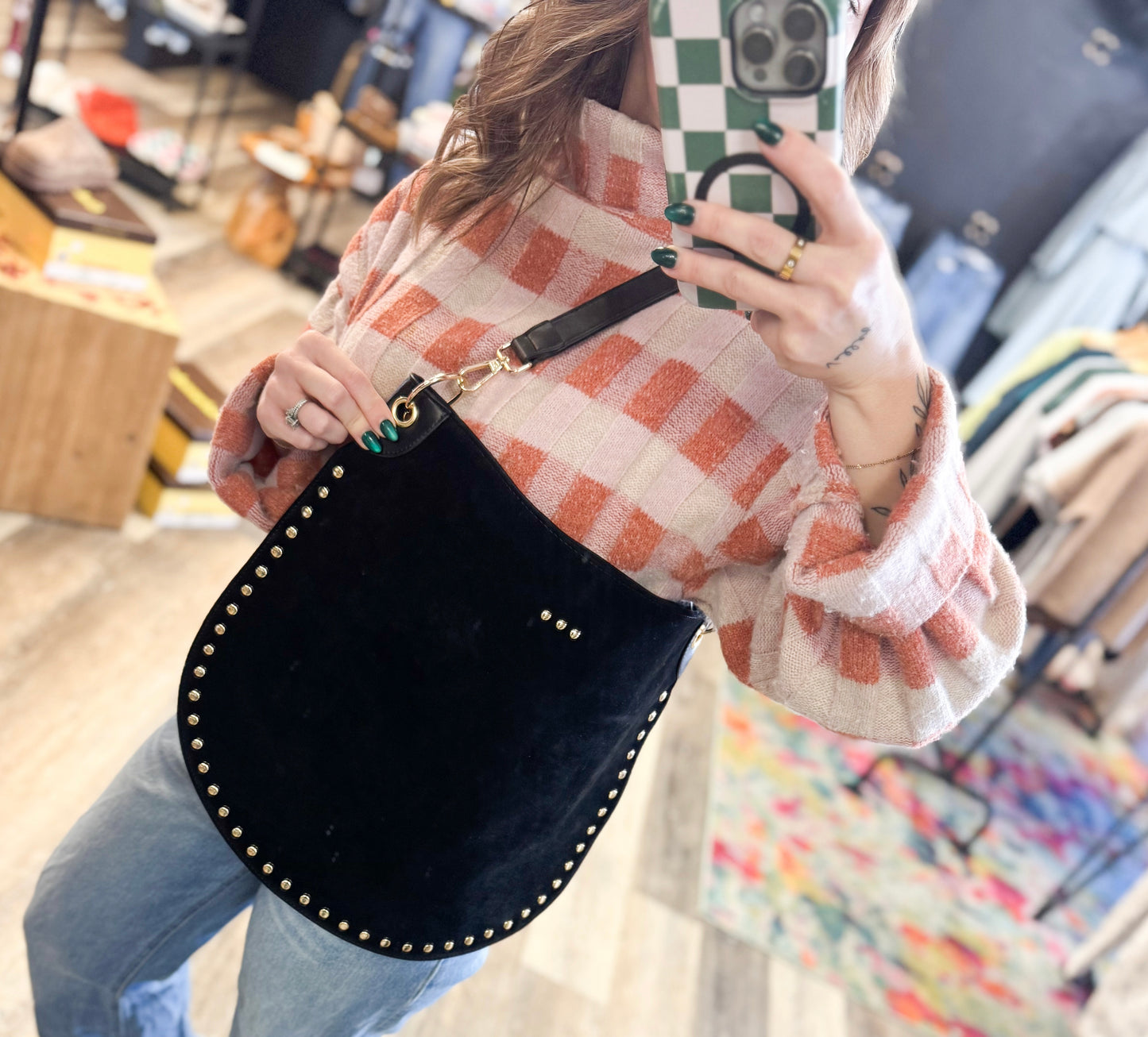 Midnight Rivet Suede Hobo Bag