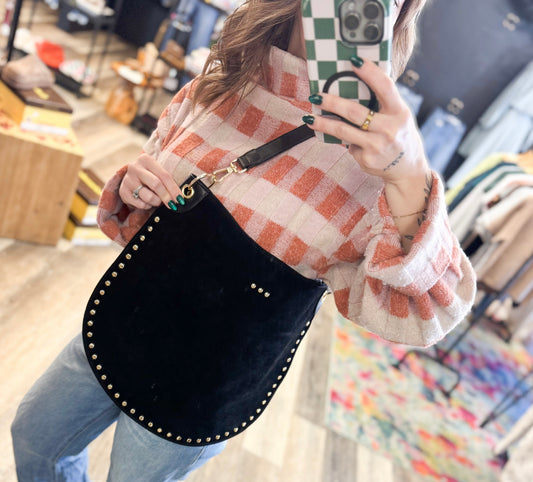 Midnight Rivet Suede Hobo Bag
