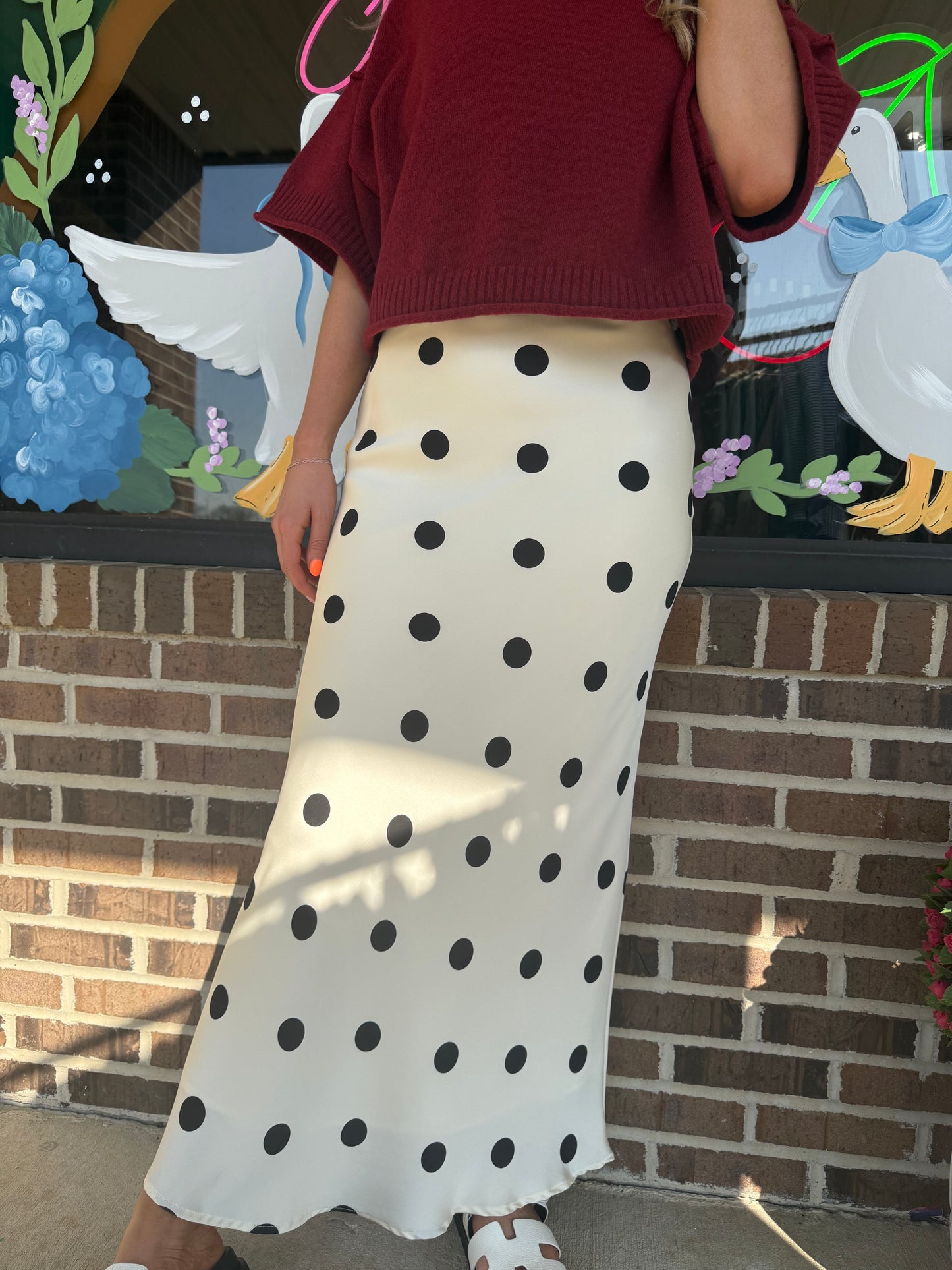 Dottie Satin Midi Polka Dot Skirt