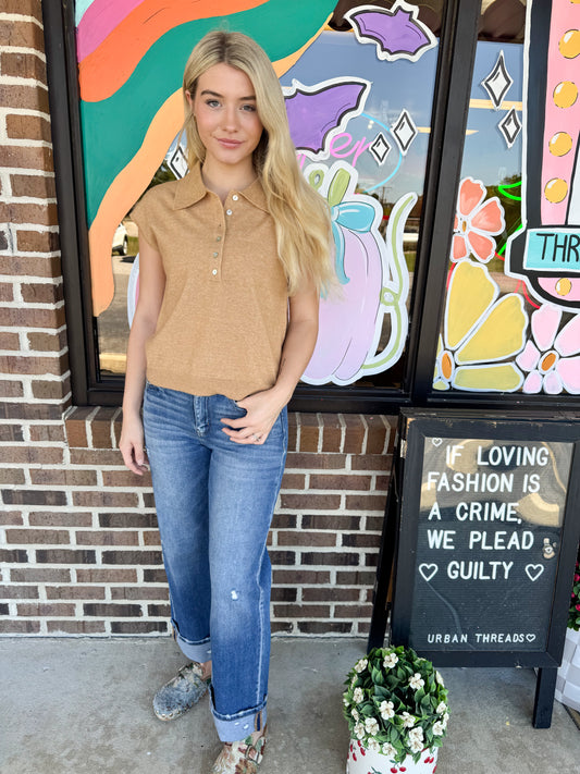 Taren Cap Sleeve Collared Sweater