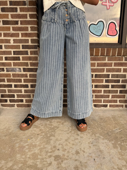 Zoey Striped Denim Pin Tuck Wide Leg Pants