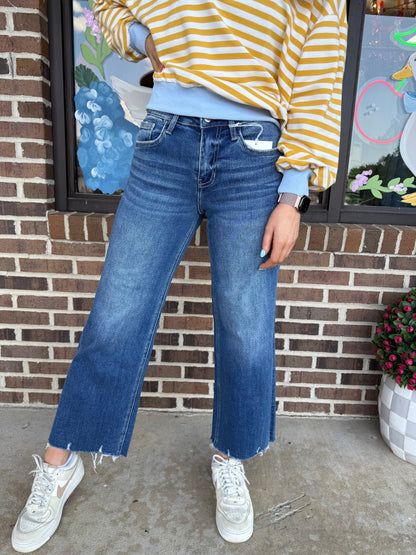 Makenna Mid Rise Raw Hem Wide Leg Denim