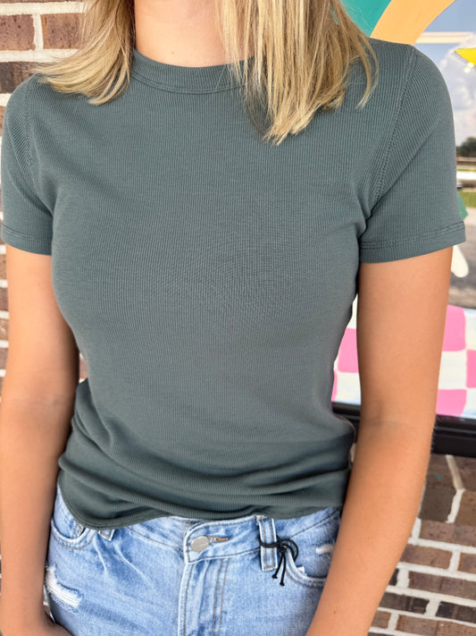 Green Ribbed Basic Tee