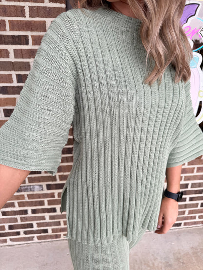 Olive Short Sleeve Knit Sweater and Pants Set