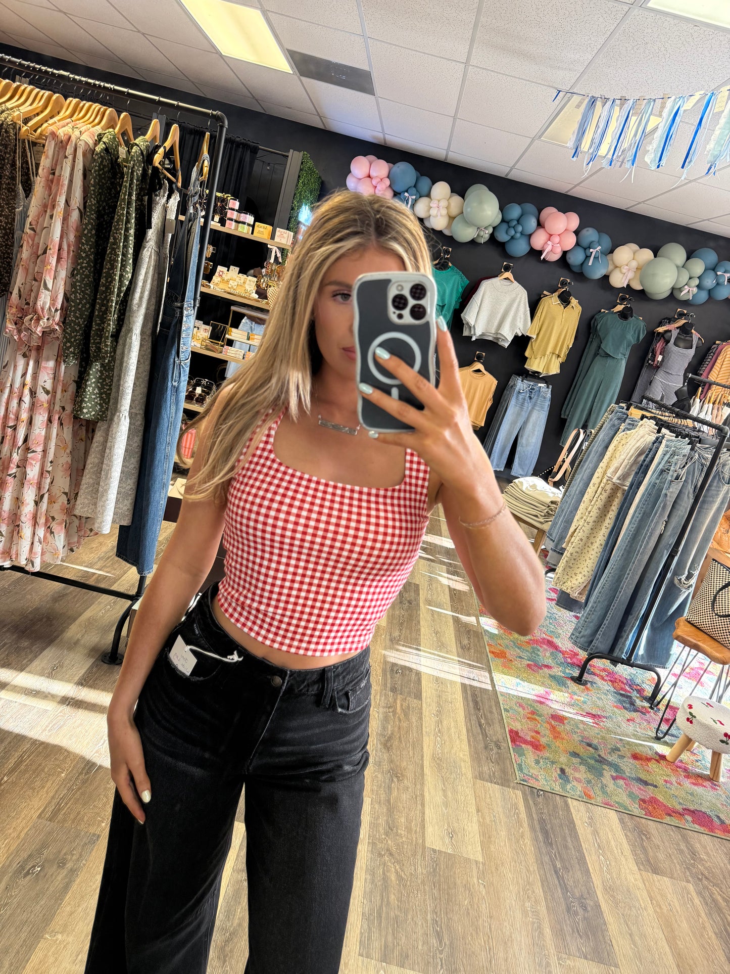 Red Gingham Wide Strap Athleisure Tank