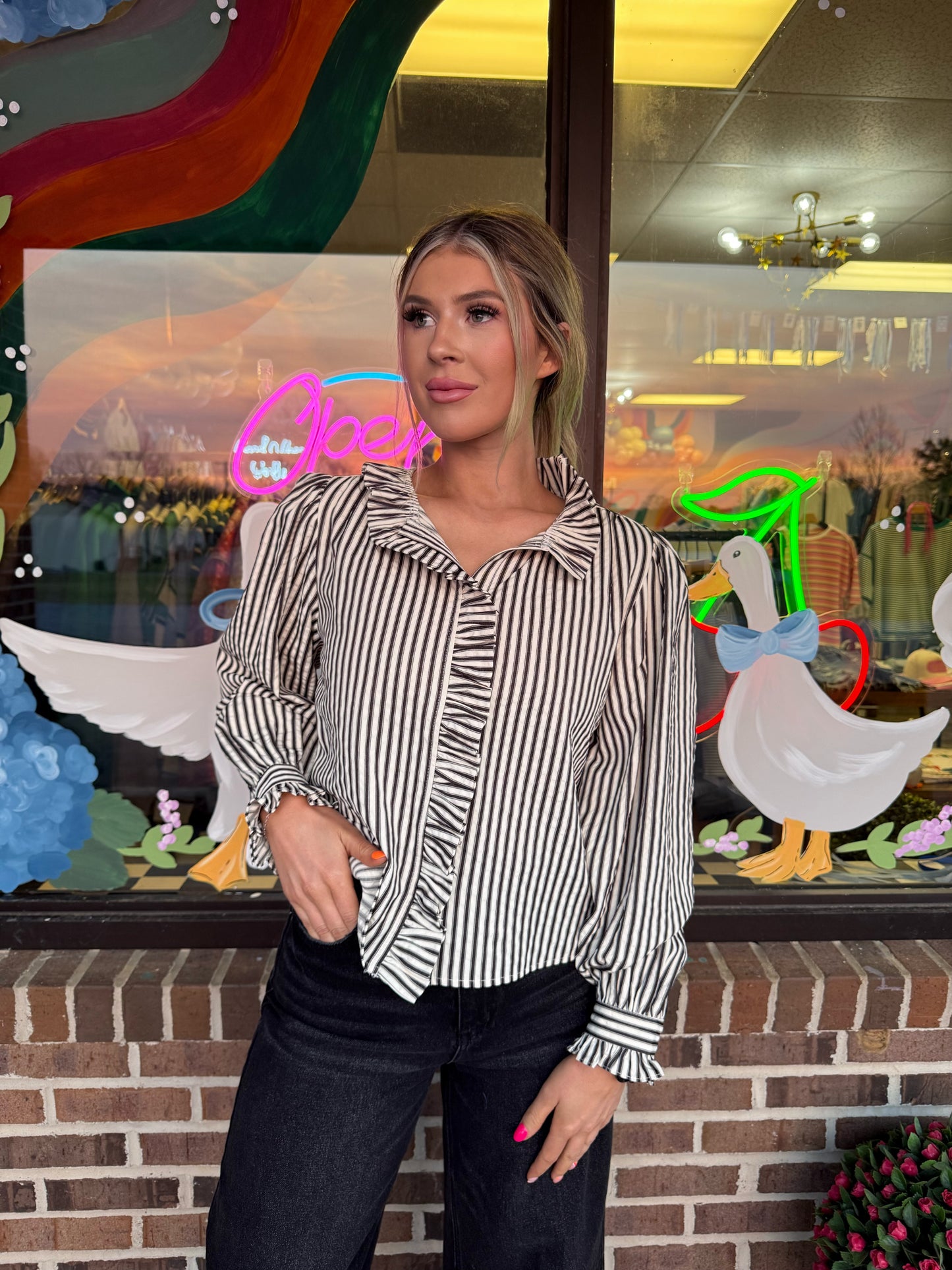 Silo Striped Ruffle Button Down