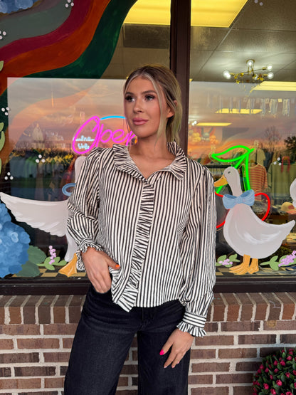Silo Striped Ruffle Button Down