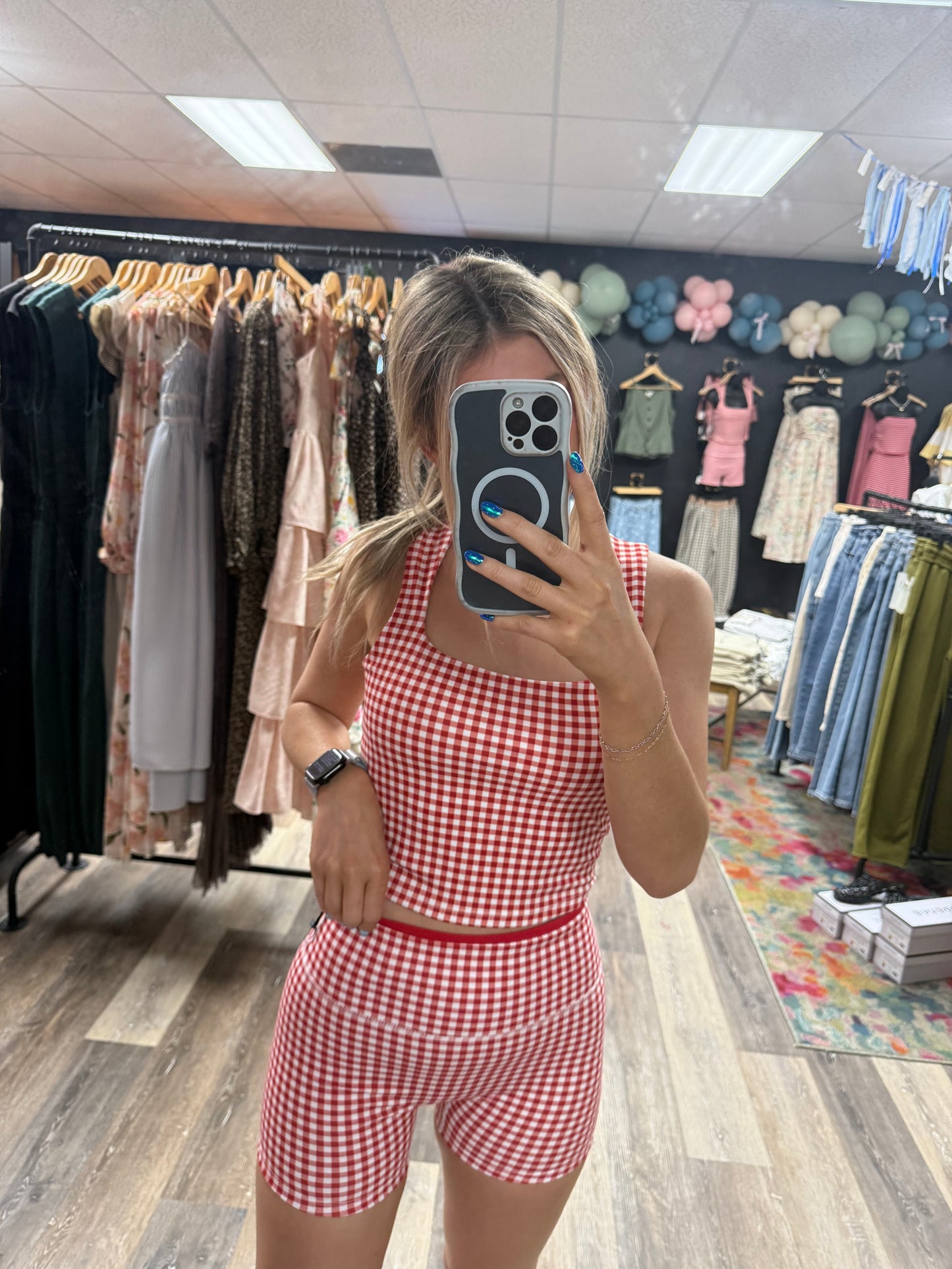 Red Gingham Wide Strap Athleisure Tank