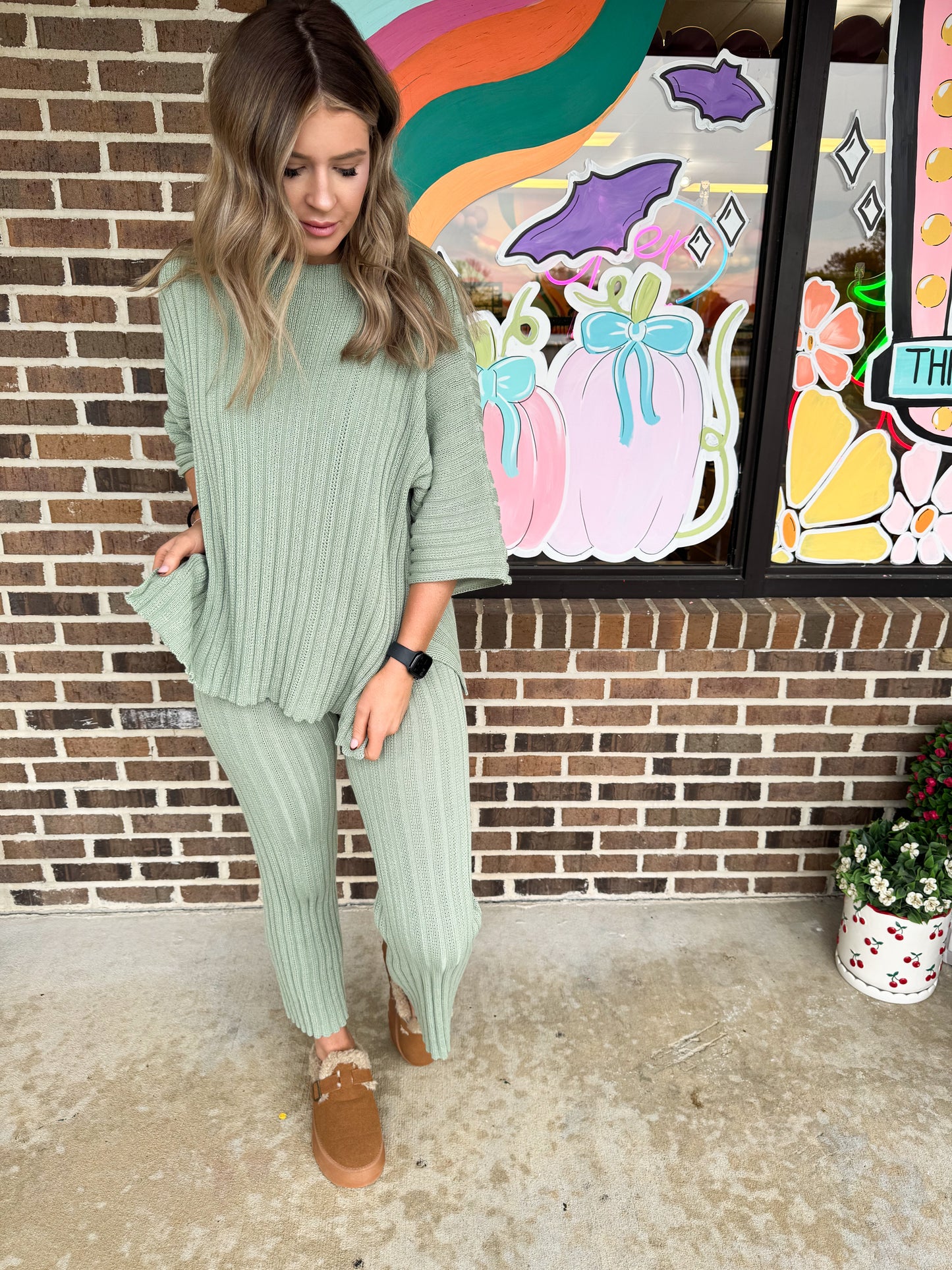 Olive Short Sleeve Knit Sweater and Pants Set
