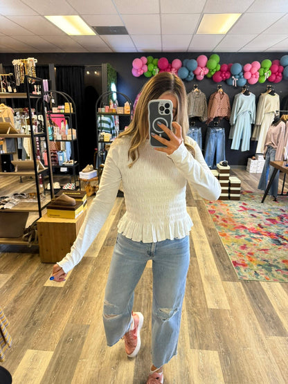 Crisp White Smocked Knit Top
