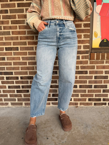 Brooks High Rise Light Wash Barrel Leg Jeans