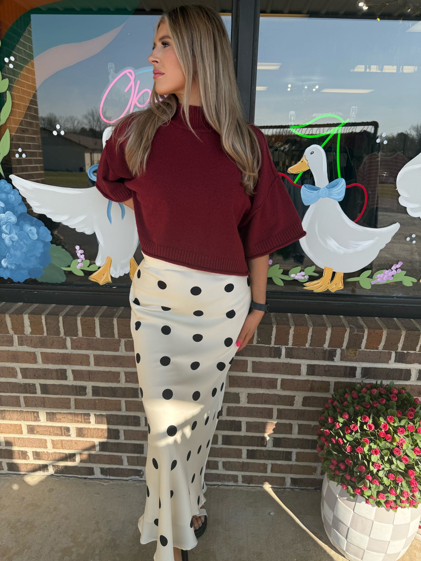 Dottie Satin Midi Polka Dot Skirt