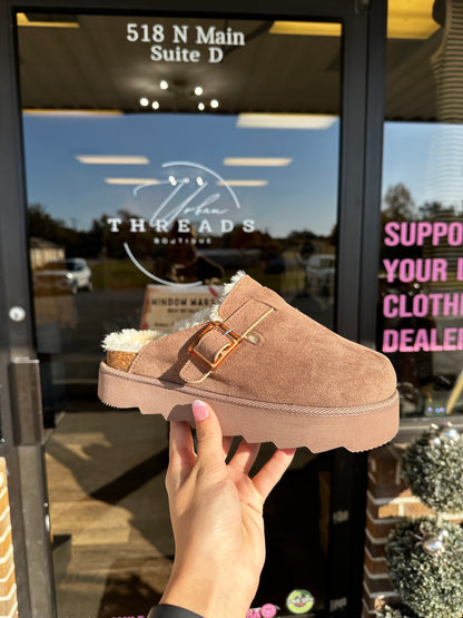 Pip Faux Suede Clogs in Taupe