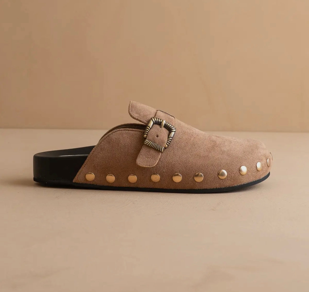 Latte Studded Buckle Mule
