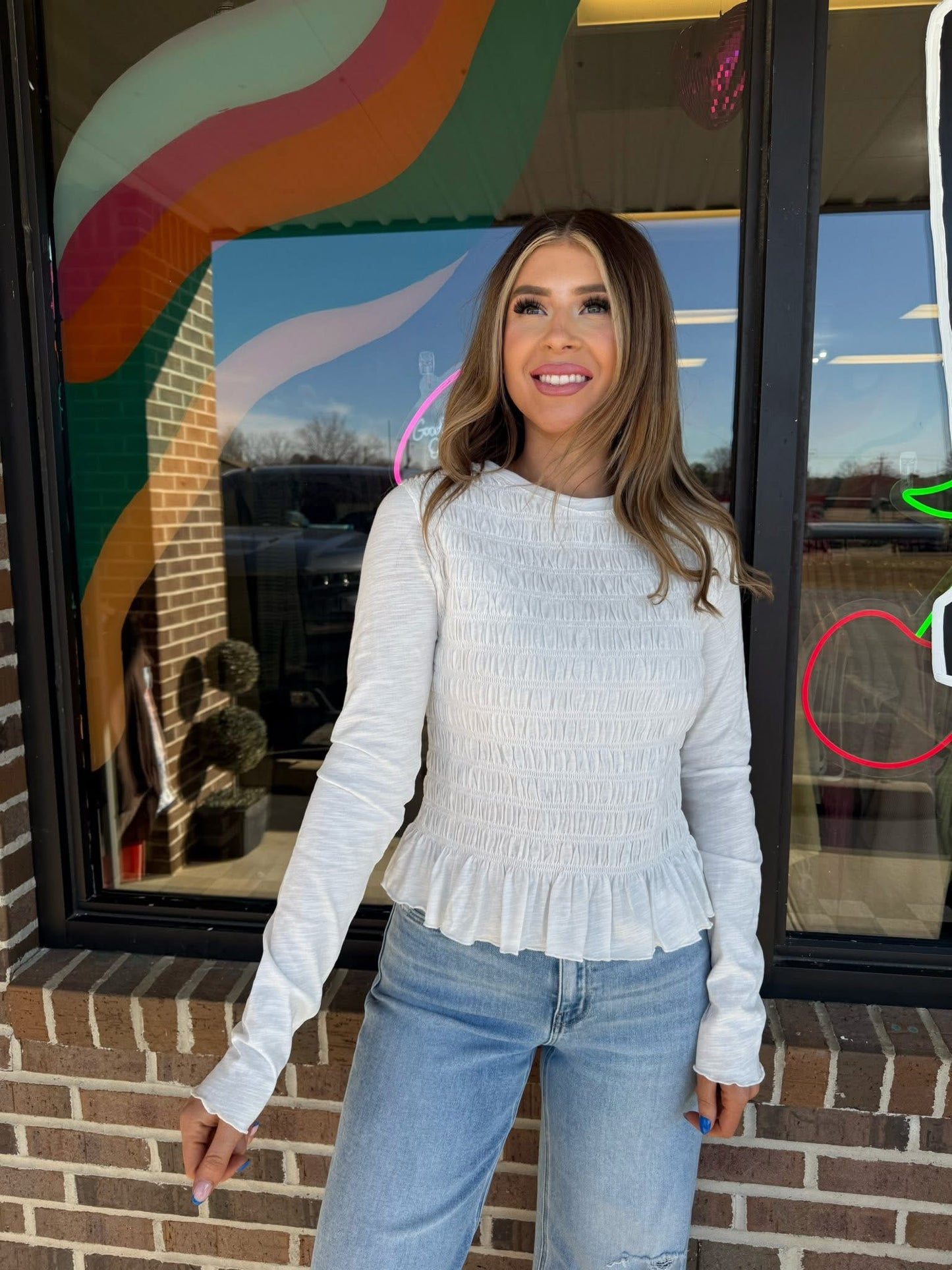 Crisp White Smocked Knit Top