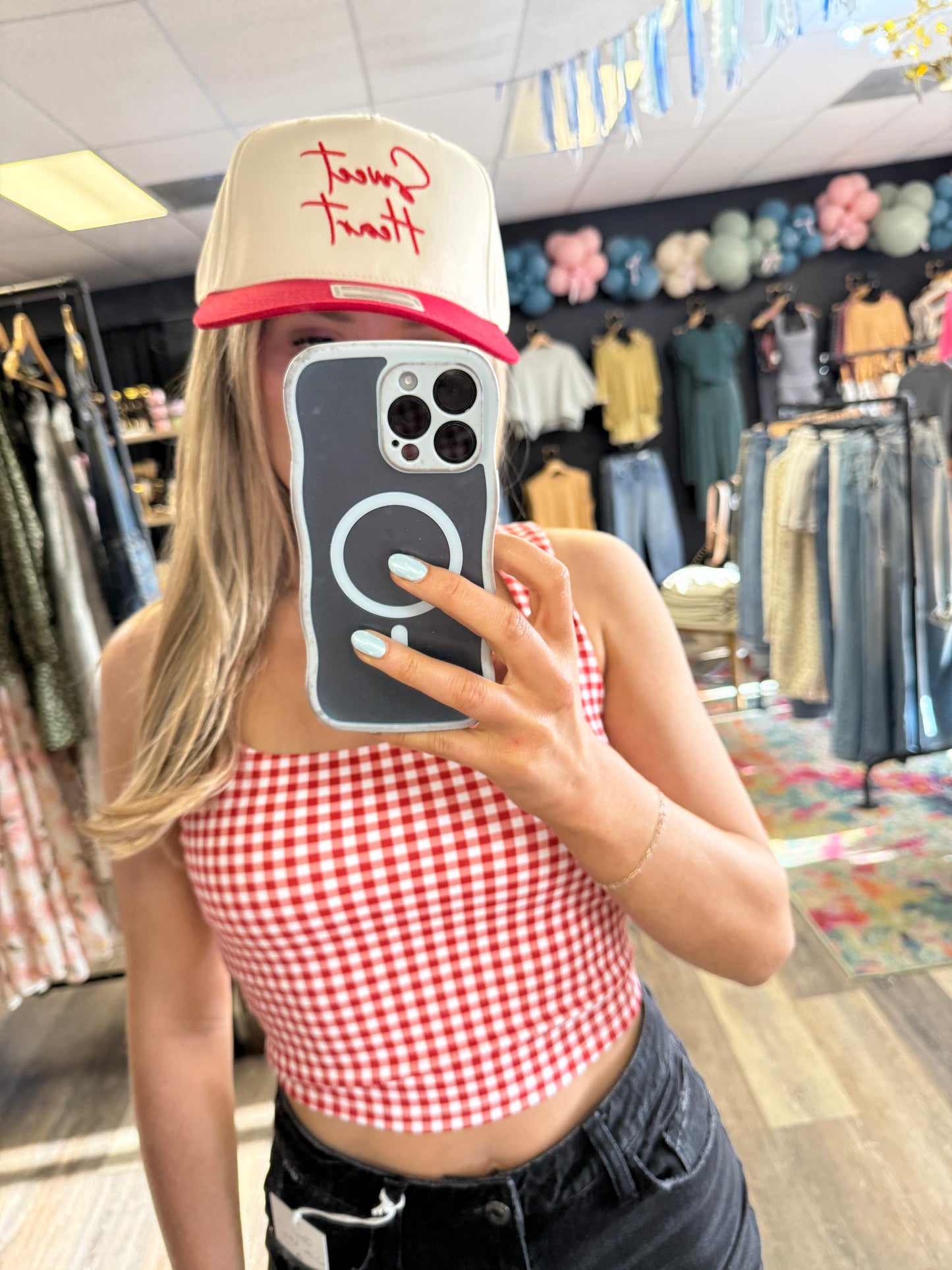 Red Gingham Wide Strap Athleisure Tank