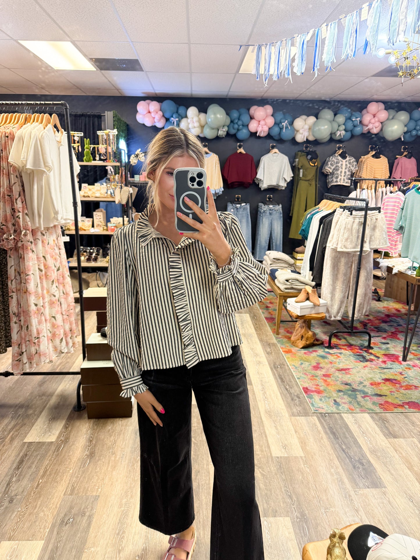 Silo Striped Ruffle Button Down