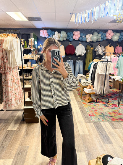 Silo Striped Ruffle Button Down