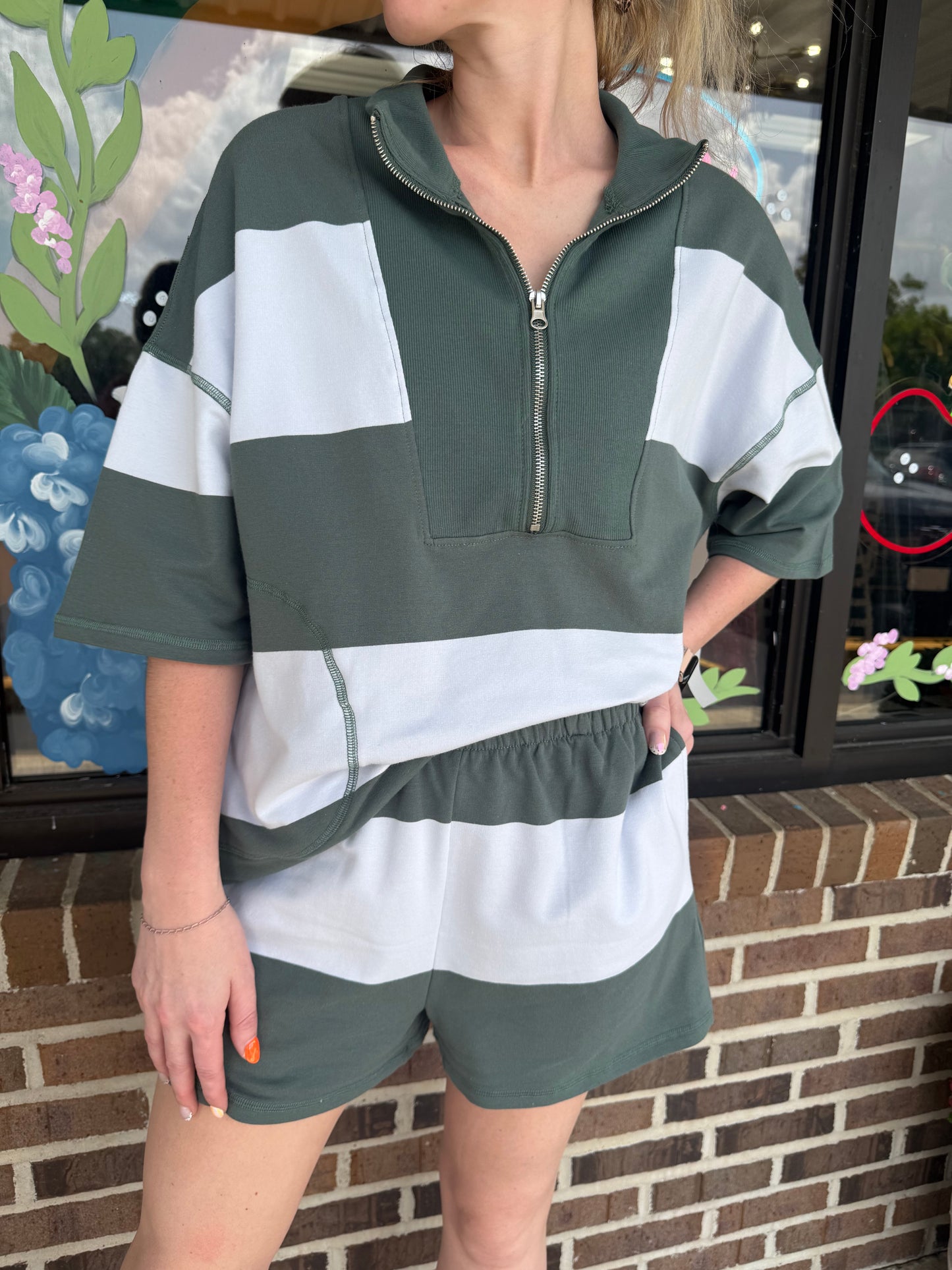 Anna Striped Half Zip Shorts Set