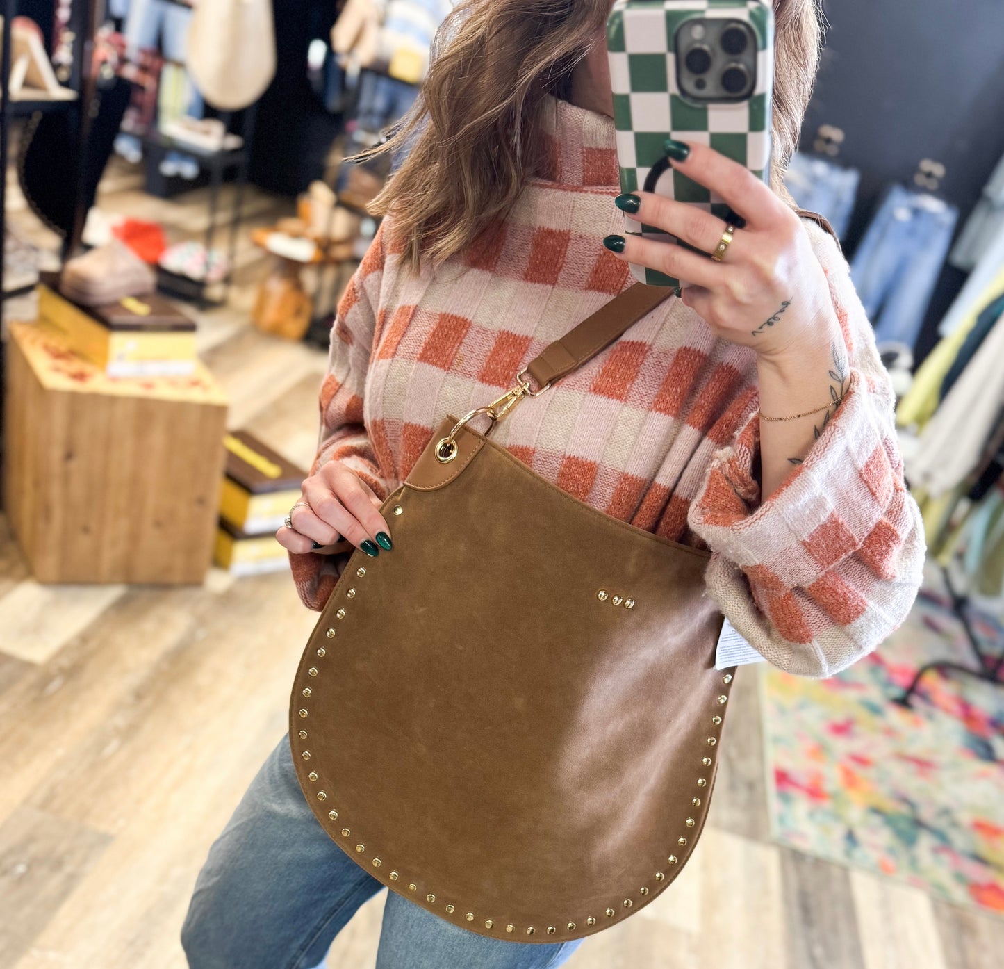 Camel Rivet Suede Hobo Bag