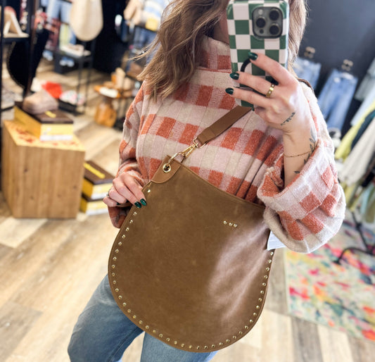 Camel Rivet Suede Hobo Bag