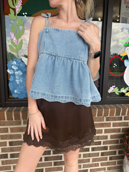 Coffee Lace Trim Silk Skirt