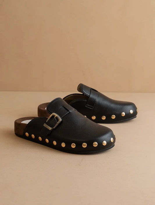 Blake Black Leather Studded Buckle Clog
