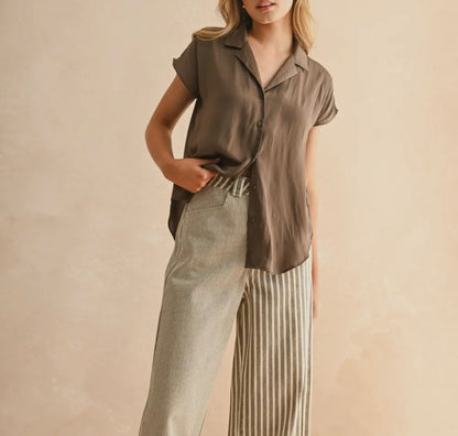 Bell Button Down Cap Sleeve Satin Top