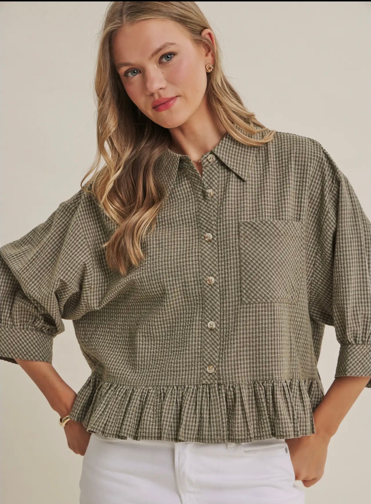 Georgia Gingham Ruffle Hem Button Down Top