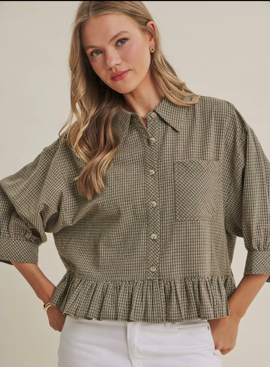 Georgia Gingham Ruffle Hem Button Down Top