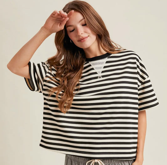 Ivory and Ebony Striped Boxy Knit Top